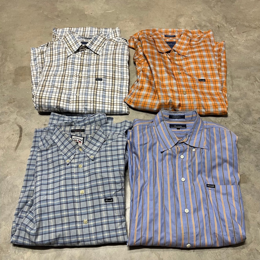 Lot of 4 Faconnable Mens XL Button Down Shirts Plaid Striped Cotton Long Sleeve